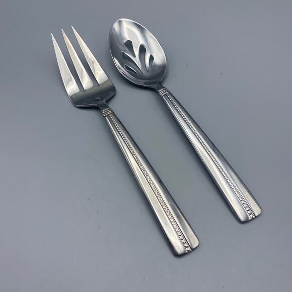 Nicole Miller GREEN TEA Serving Fork Spoon 2pcs Beaded Stainless Flatware‎ - Picture 1 of 5